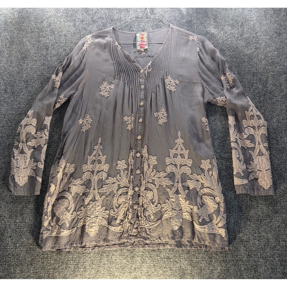 Johnny Was Gray Embroidered Cupra Rayon Pintuck Tunic Blouse Top Womens Medium